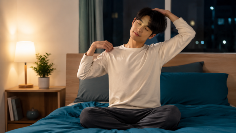 잠들기 전 5분 루틴 — 직장인 목·어깨 뭉침 풀어주는 침대 스트레칭 7가지