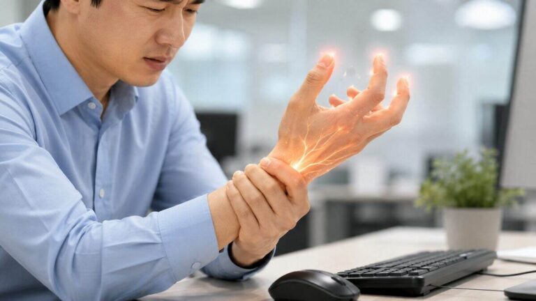 키보드 옆에서 손목 저림을 느끼며 손목을 감싸 쥔 직장인 - 손목터널증후군