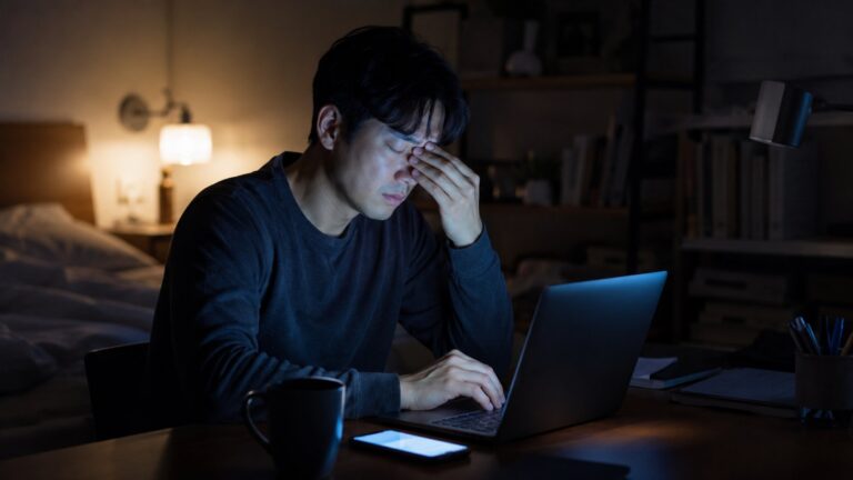 밤에 노트북 앞에서 눈을 비비는 피곤한 직장인 남성 — 만성 피로와 수면 부족