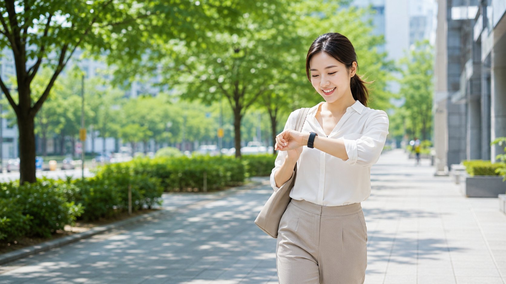 가로수길을 걸으며 스마트워치 걸음 수를 확인하는 직장인 여성