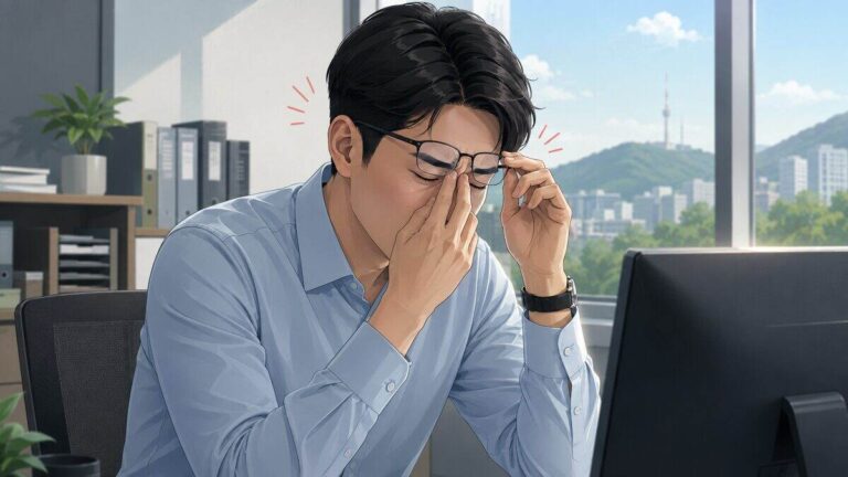 모니터 앞에서 눈 피로와 두통으로 안경을 들어 올리고 눈가를 누르는 직장인