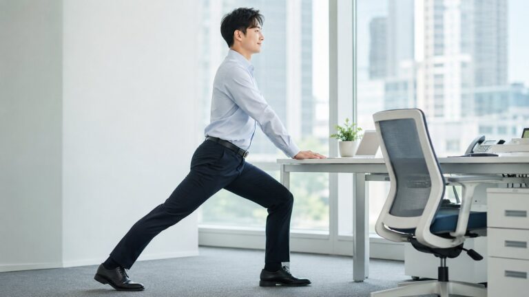 사무실 책상을 짚고 런지 자세로 고관절 스트레칭을 하는 직장인 남성