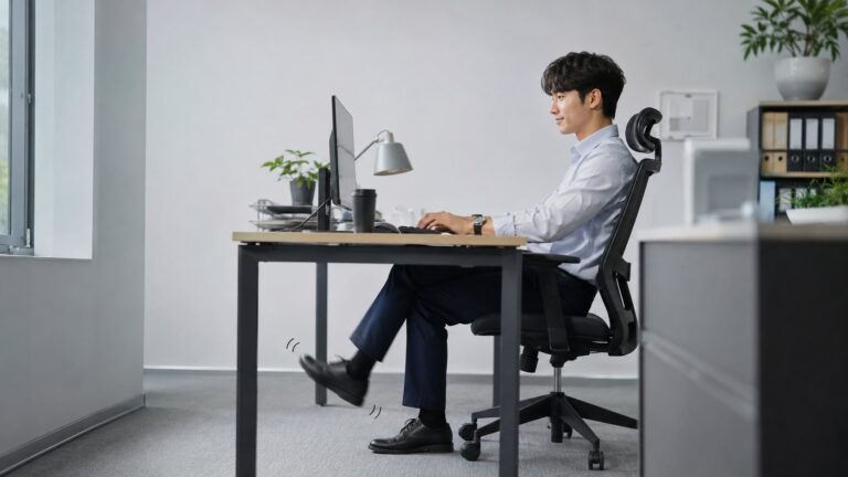책상 아래에서 다리를 떨며 일하는 직장인 남성