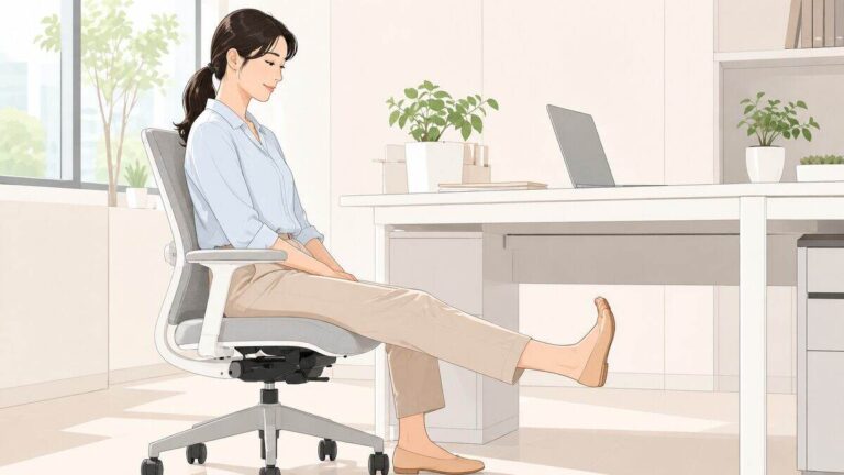 사무실 의자에 앉아 발목 펌프 스트레칭으로 다리 붓기를 푸는 직장인