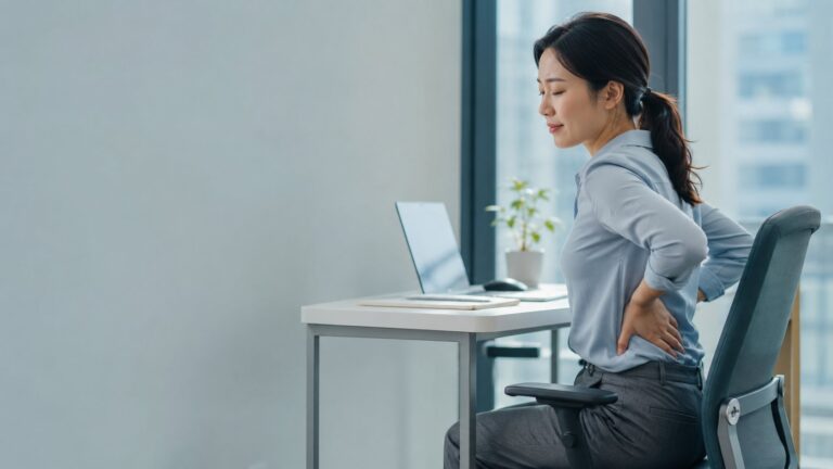 사무실 의자에 앉아 허리를 짚고 있는 직장인 여성 — 허리 불편감 자가체크