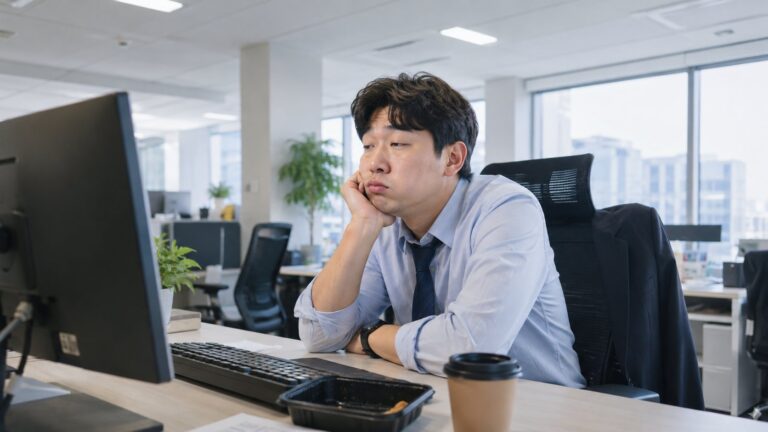 점심 식사 후 책상에서 턱을 괴고 졸음을 참는 직장인 남성