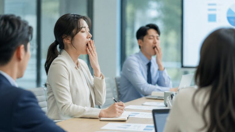 회의 중 하품하는 여성과 뒤이어 하품하는 동료, 전염되는 하품