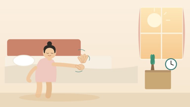 아침에 침대에 앉아 손을 뻗어 스트레칭하며 부기를 푸는 모습 일러스트